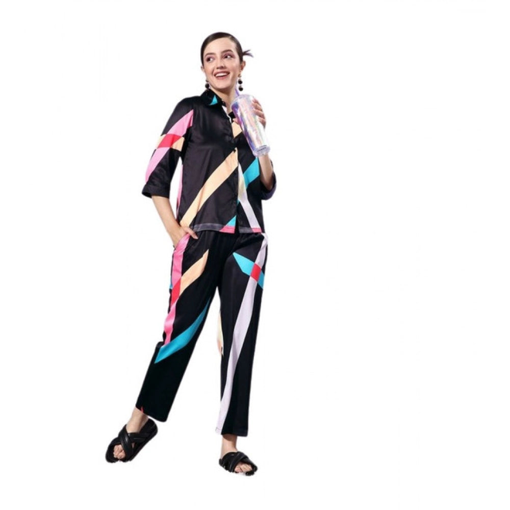 Voguish Women's Satin Colour Block Long Sleeves Co-Ord Set