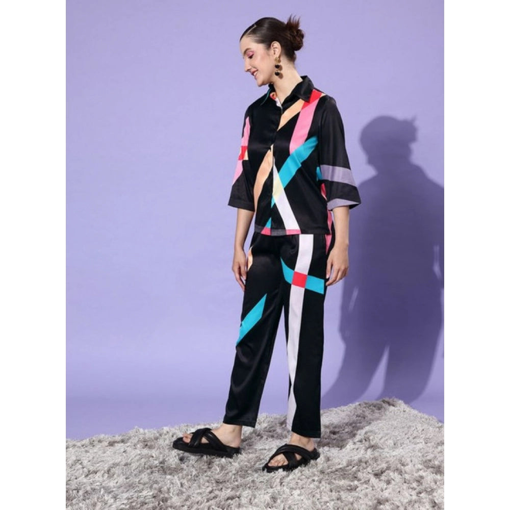 Voguish Women's Satin Colour Block Long Sleeves Co-Ord Set