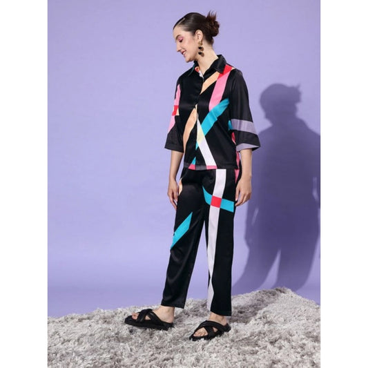 Voguish Women's Satin Colour Block Long Sleeves Co-Ord Set