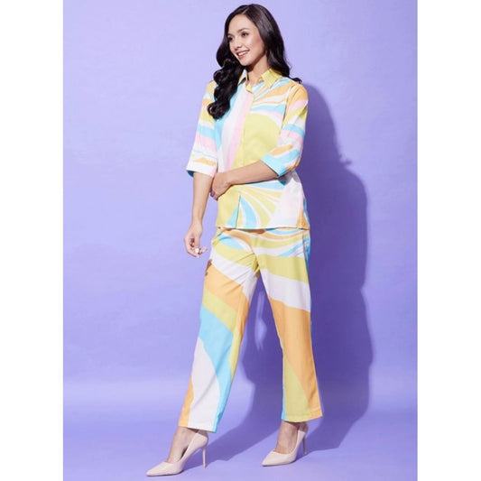 Fancy Women's Polyester Colour Blocking 3-4th Sleeve Co-Ord Set
