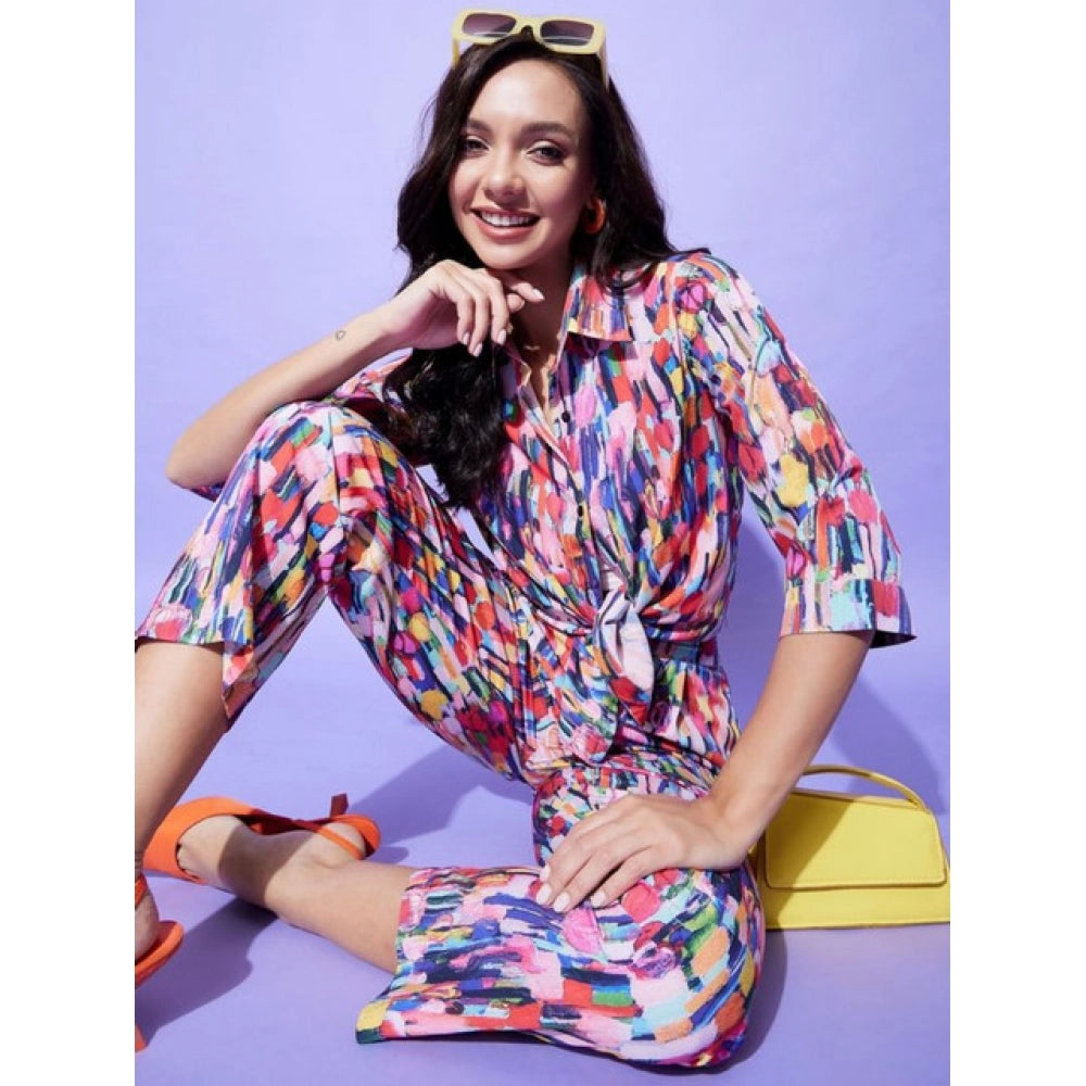 Fancy Women's Polyester Floral 3-4th Sleeve Co-Ord Set
