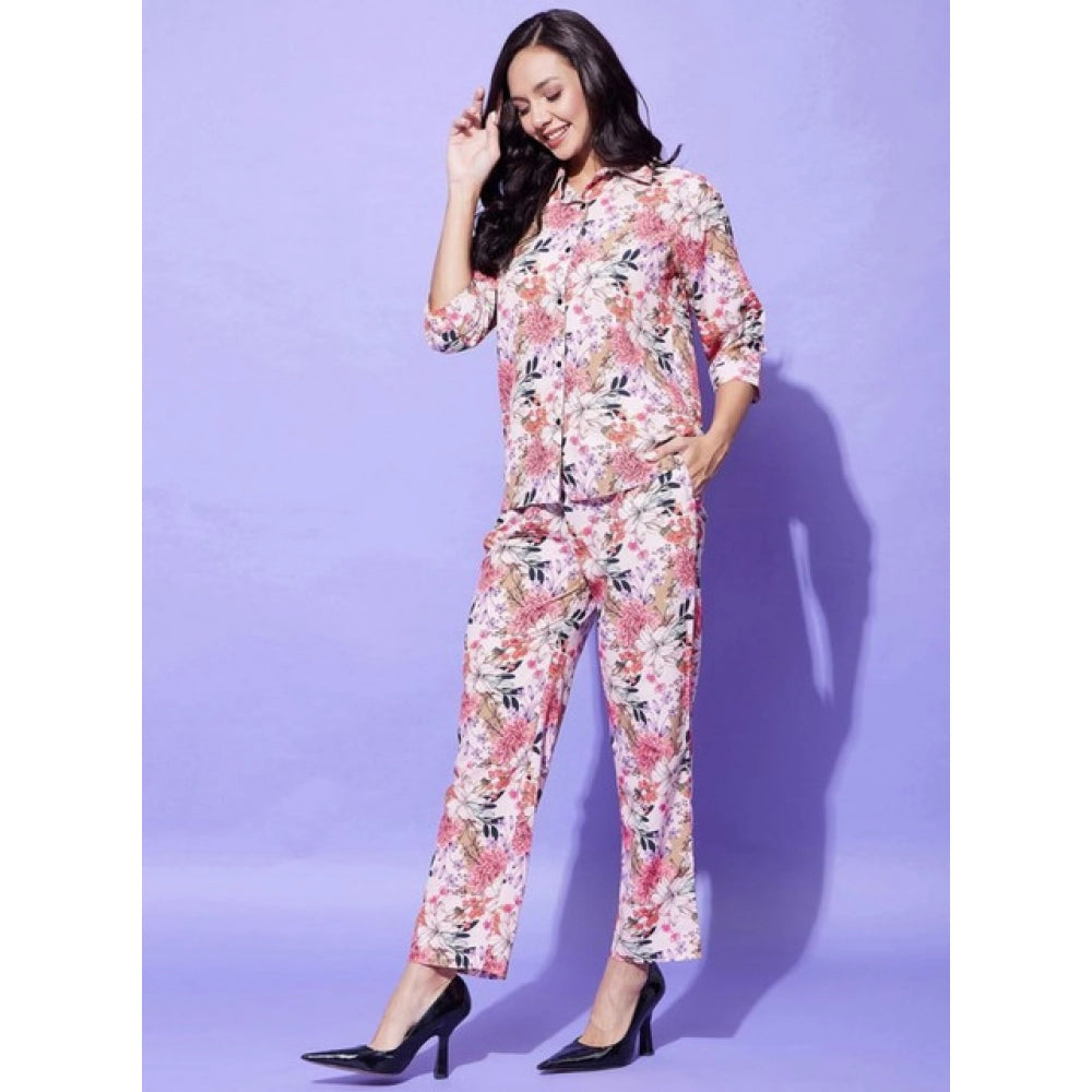 Fancy Women's Polyester Floral 3-4th Sleeve Co-Ord Set