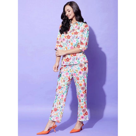 Fancy Women's Polyester Floral 3-4th Sleeve Co-Ord Set