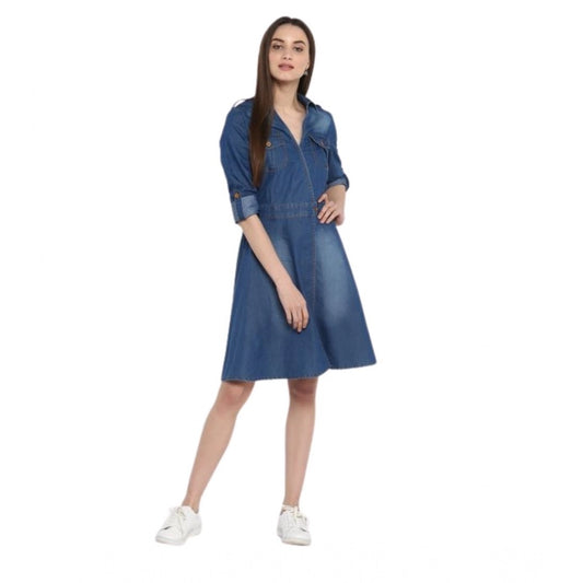 Voguish Women's Denim Solid Roll Up Sleeve Dress