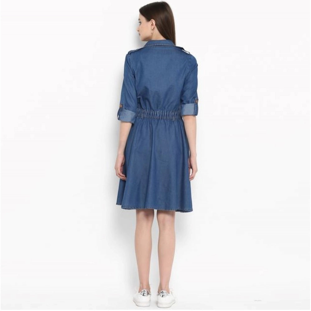Voguish Women's Denim Solid Roll Up Sleeve Dress