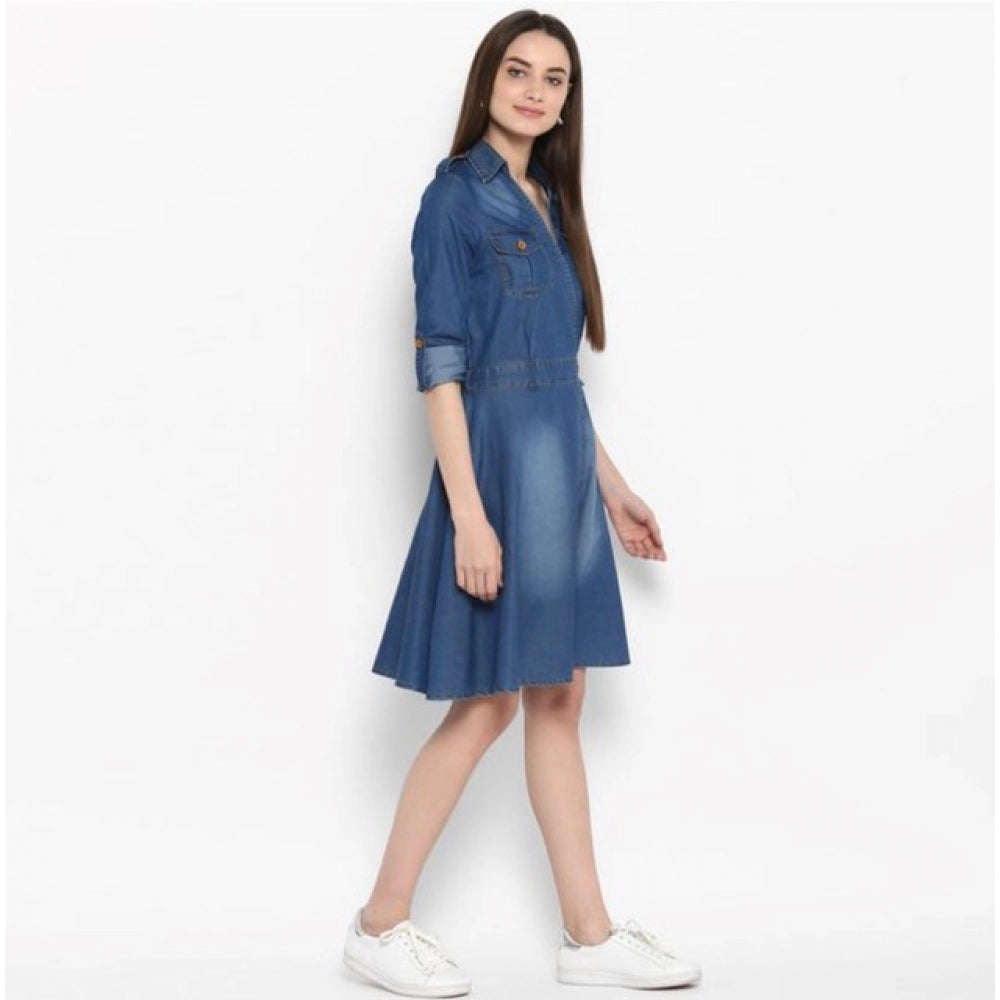 Voguish Women's Denim Solid Roll Up Sleeve Dress