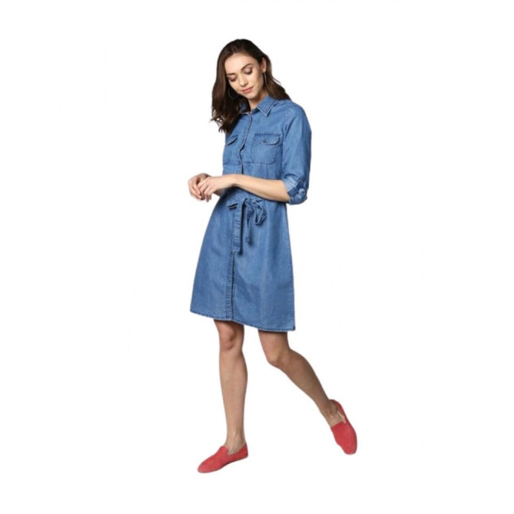 Voguish Women's Denim Solid Roll Up Sleeve Dress