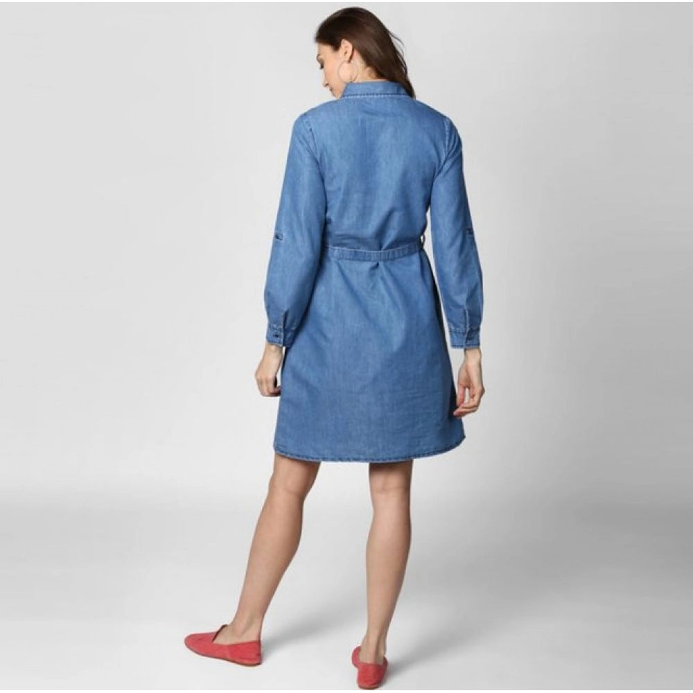 Voguish Women's Denim Solid Roll Up Sleeve Dress