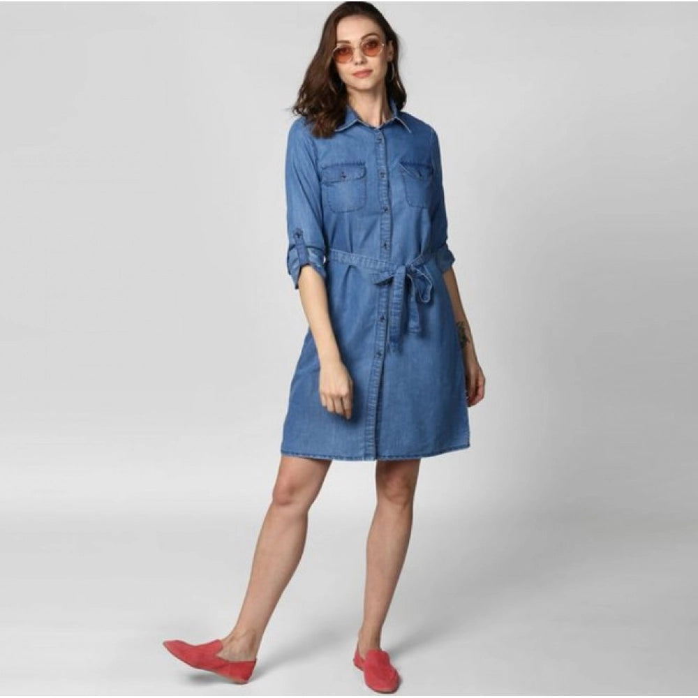Voguish Women's Denim Solid Roll Up Sleeve Dress