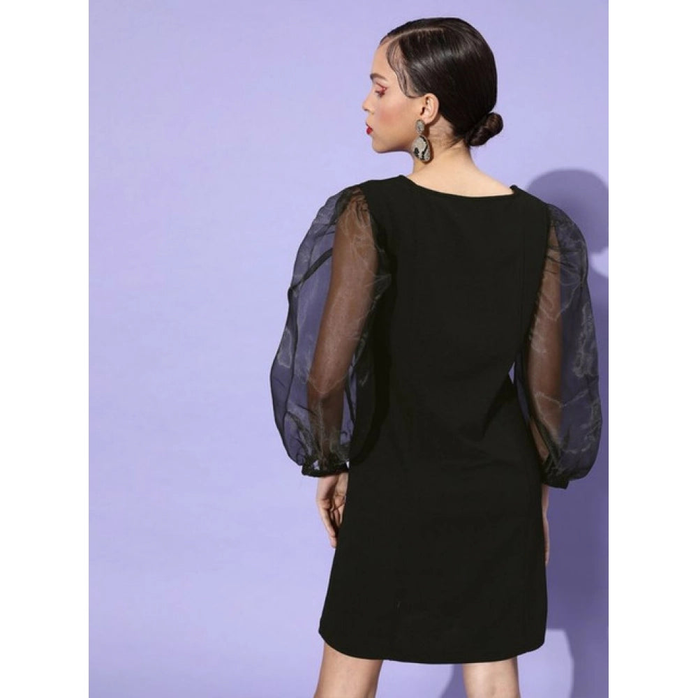 Voguish Women's Organza And Polyester Lycra Solid Long Sleeves Dress