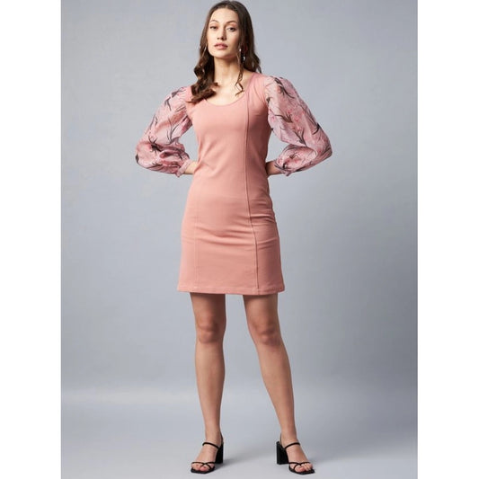 Voguish Women's Polyester Lycra And Organza Floral Balloon Sleeve Dress