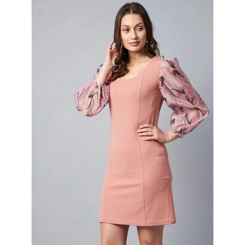 Voguish Women's Polyester Lycra And Organza Floral Balloon Sleeve Dress