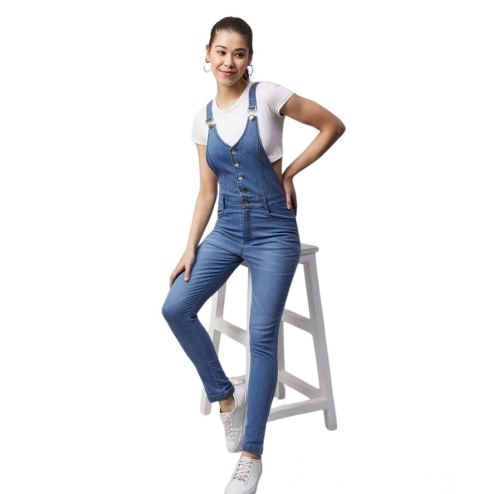 Amazing Women's Denim Lycra Solid Buttoned Dungaree