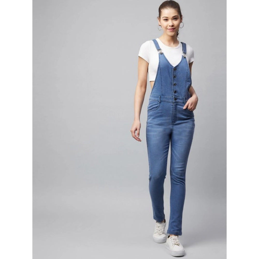 Amazing Women's Denim Lycra Solid Buttoned Dungaree