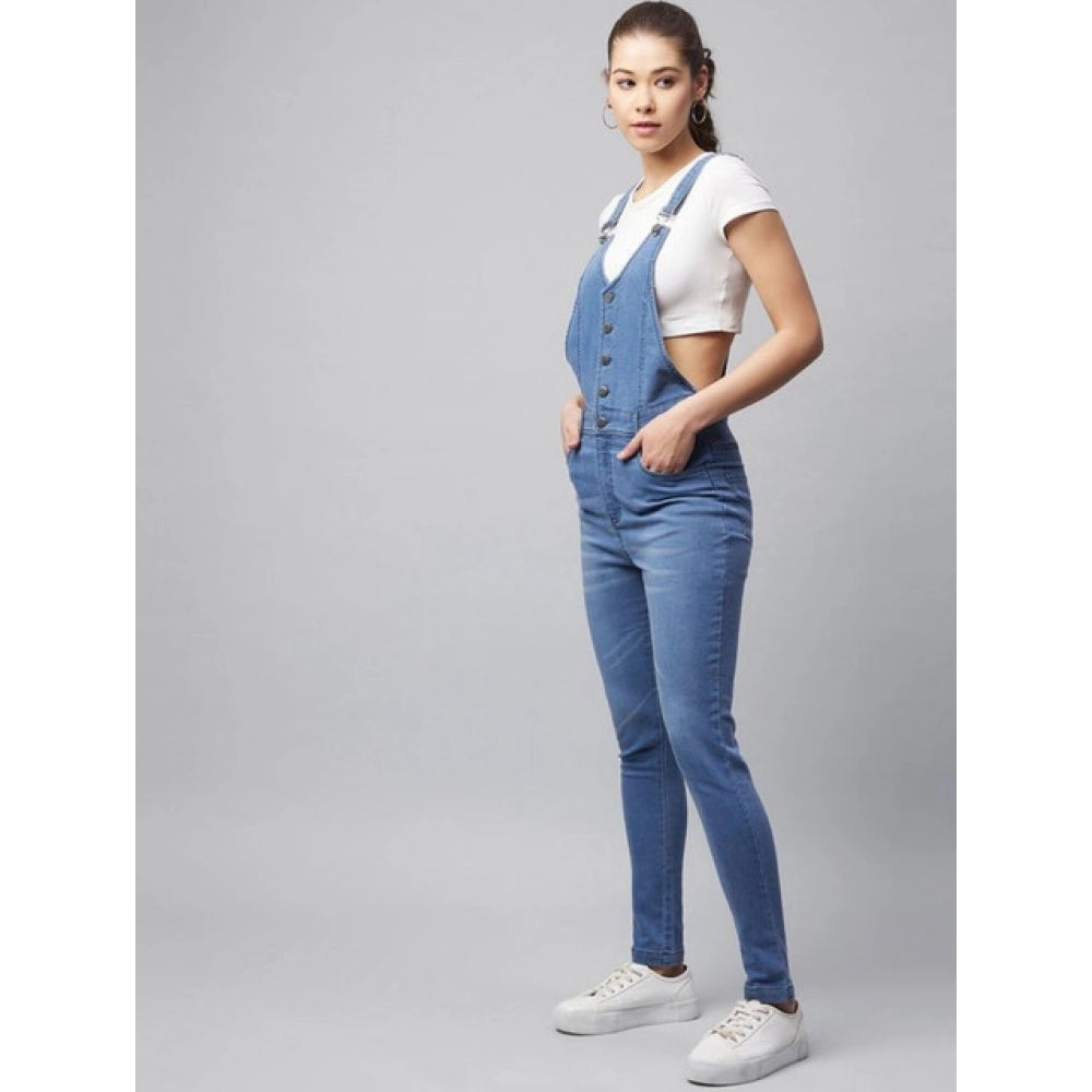 Amazing Women's Denim Lycra Solid Buttoned Dungaree