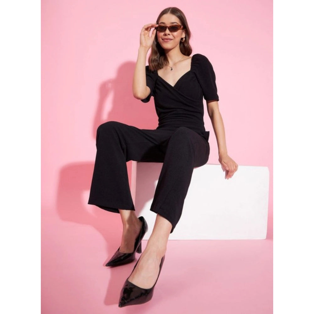 Sizzling Women's Polyester Lycra Solid Puff Sleeve Jumpsuit