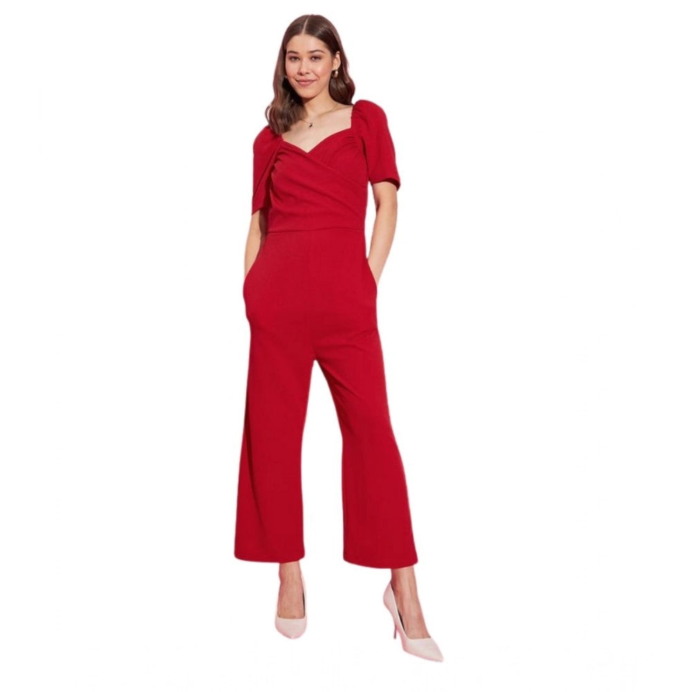 Sizzling Women's Polyester Lycra Solid Puff Sleeve Jumpsuit