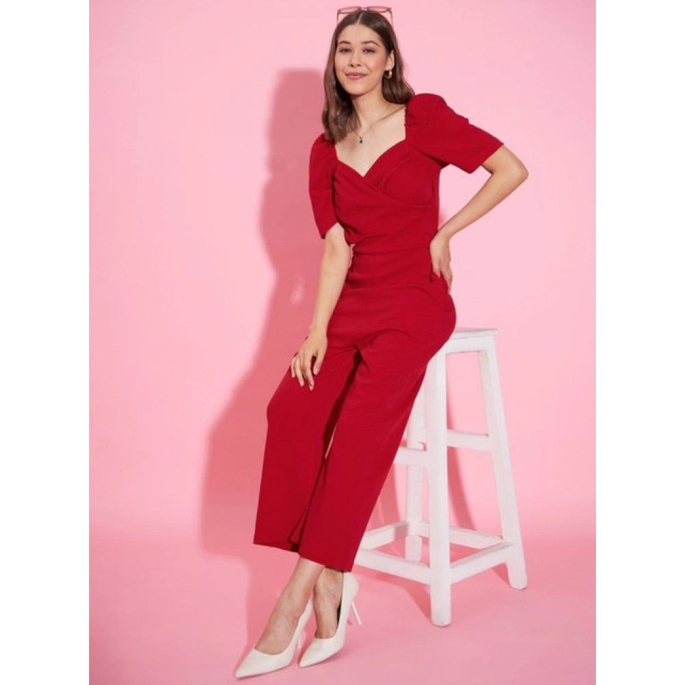 Sizzling Women's Polyester Lycra Solid Puff Sleeve Jumpsuit