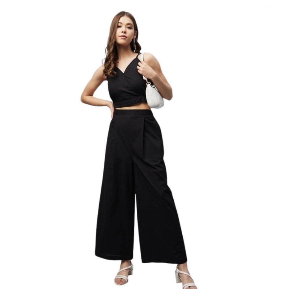 Marvellous Women's Cotton Linen Solid Sleeveless Crop Top and Palazzo Set