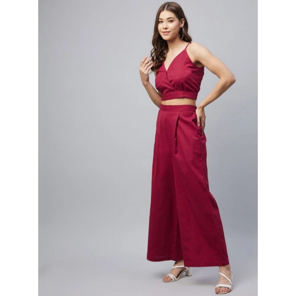 Marvellous Women's Cotton Linen Solid Sleeveless Crop Top and Palazzo Set