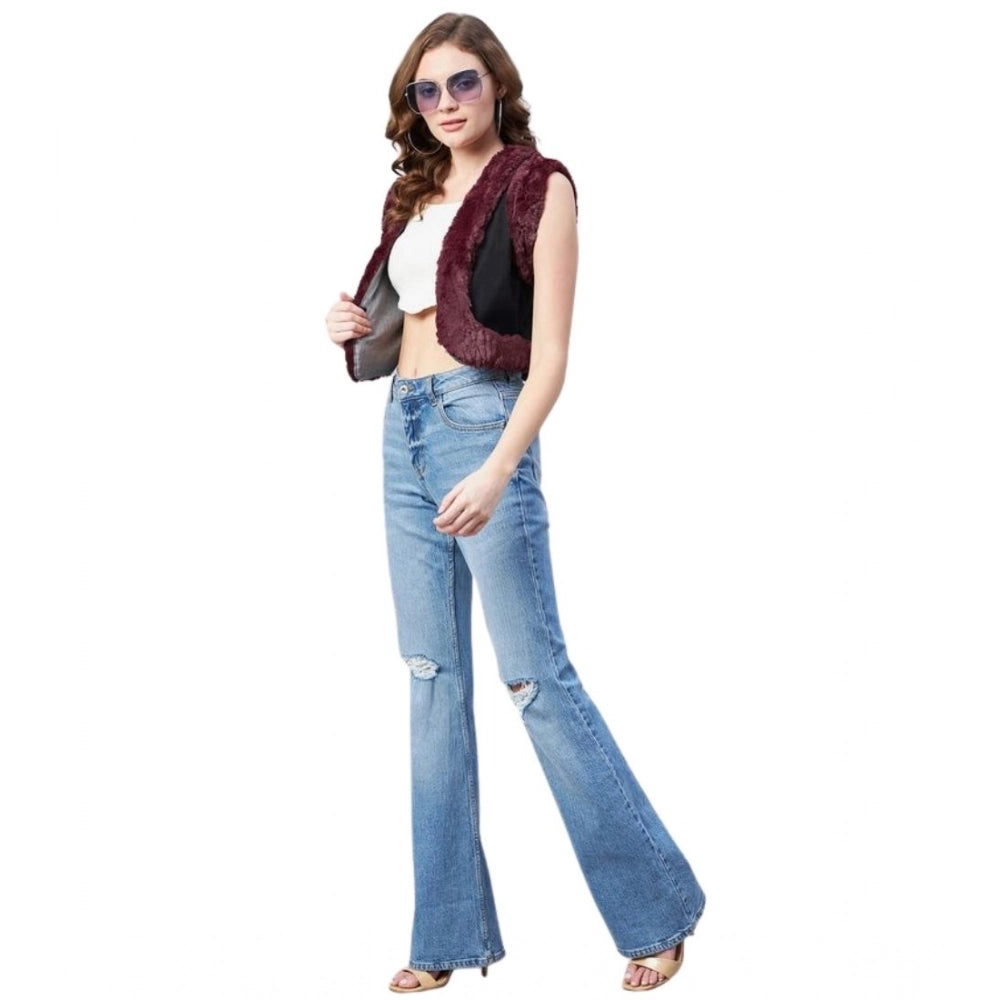 Elegant Women's Denim And Fur Solid Sleeveless Shrug