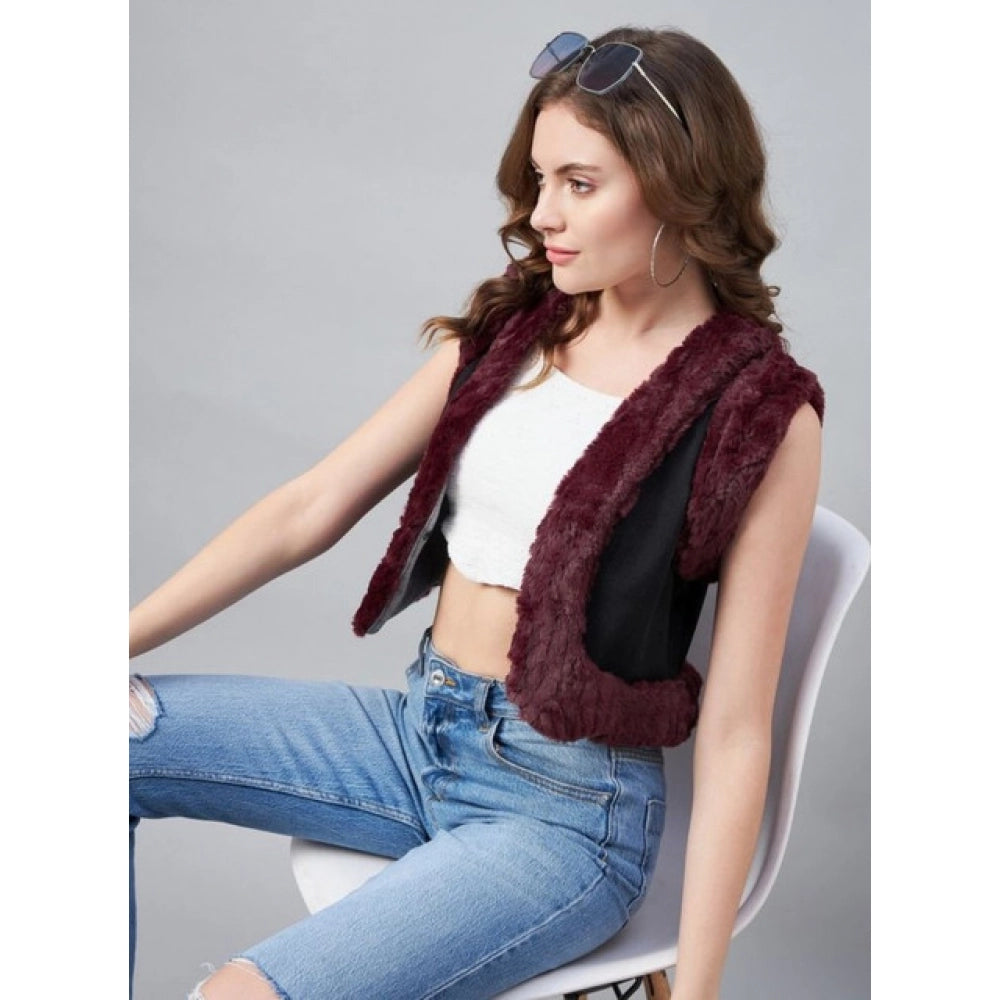 Elegant Women's Denim And Fur Solid Sleeveless Shrug
