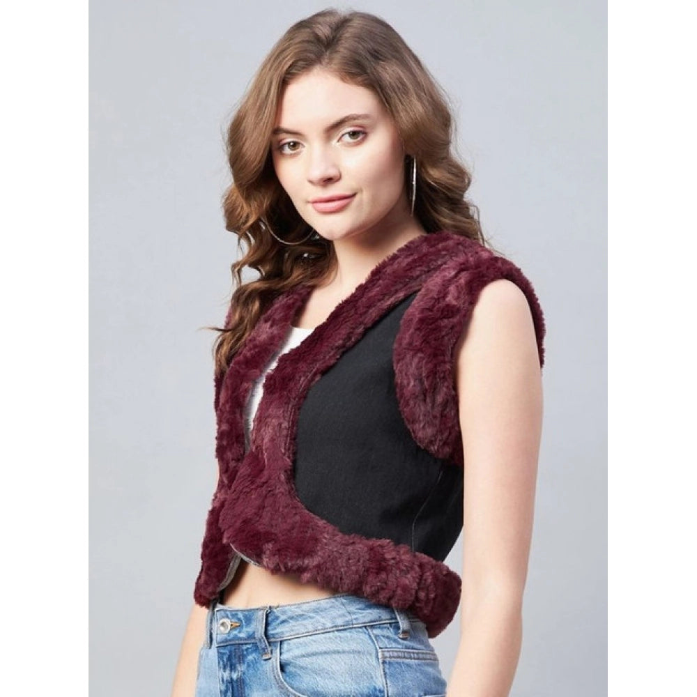 Elegant Women's Denim And Fur Solid Sleeveless Shrug