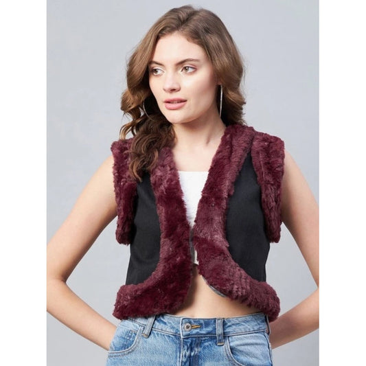 Elegant Women's Denim And Fur Solid Sleeveless Shrug