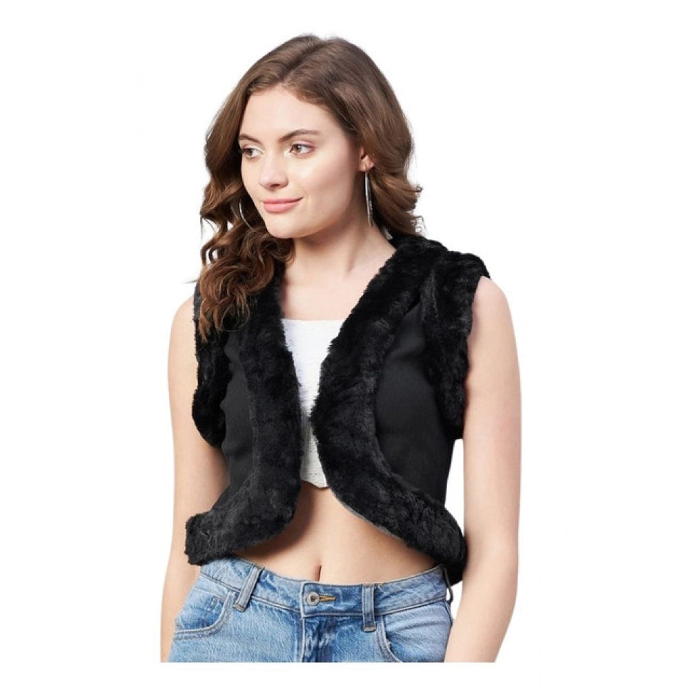 Elegant Women's Denim And Fur Solid Sleeveless Shrug