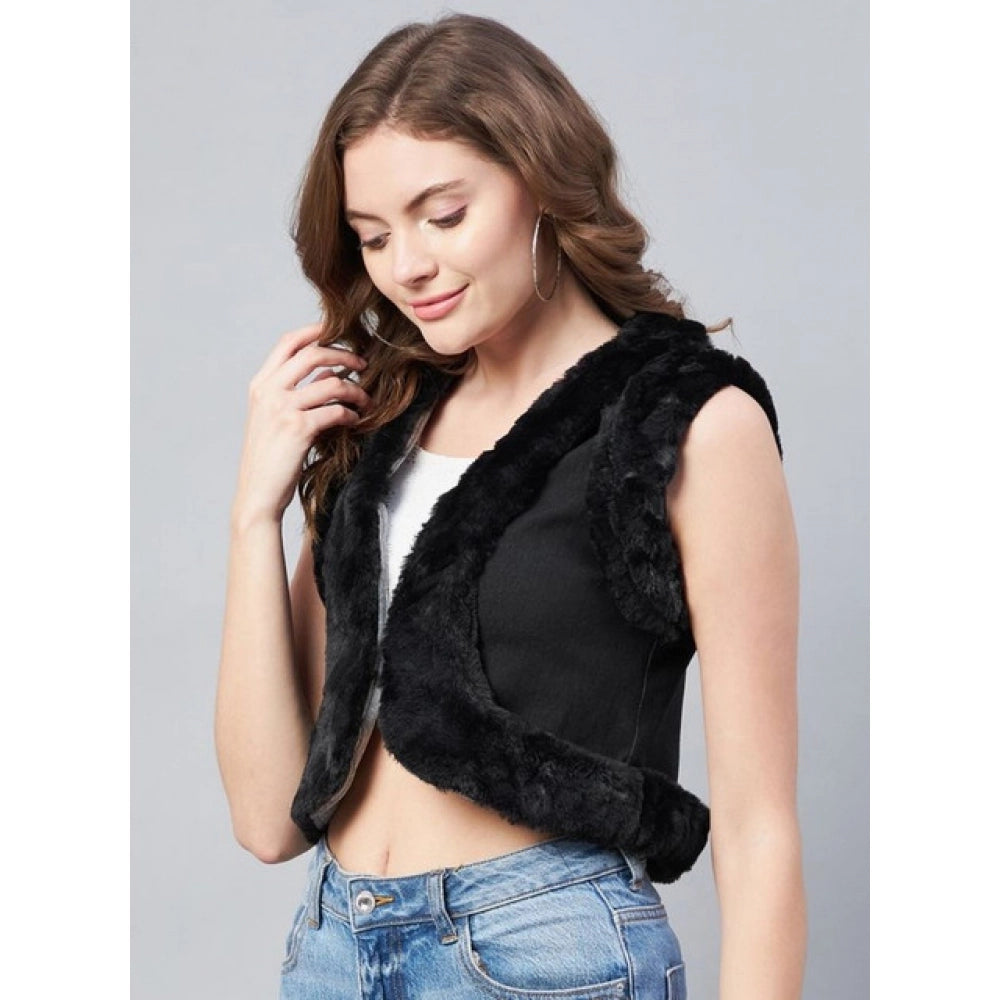 Elegant Women's Denim And Fur Solid Sleeveless Shrug