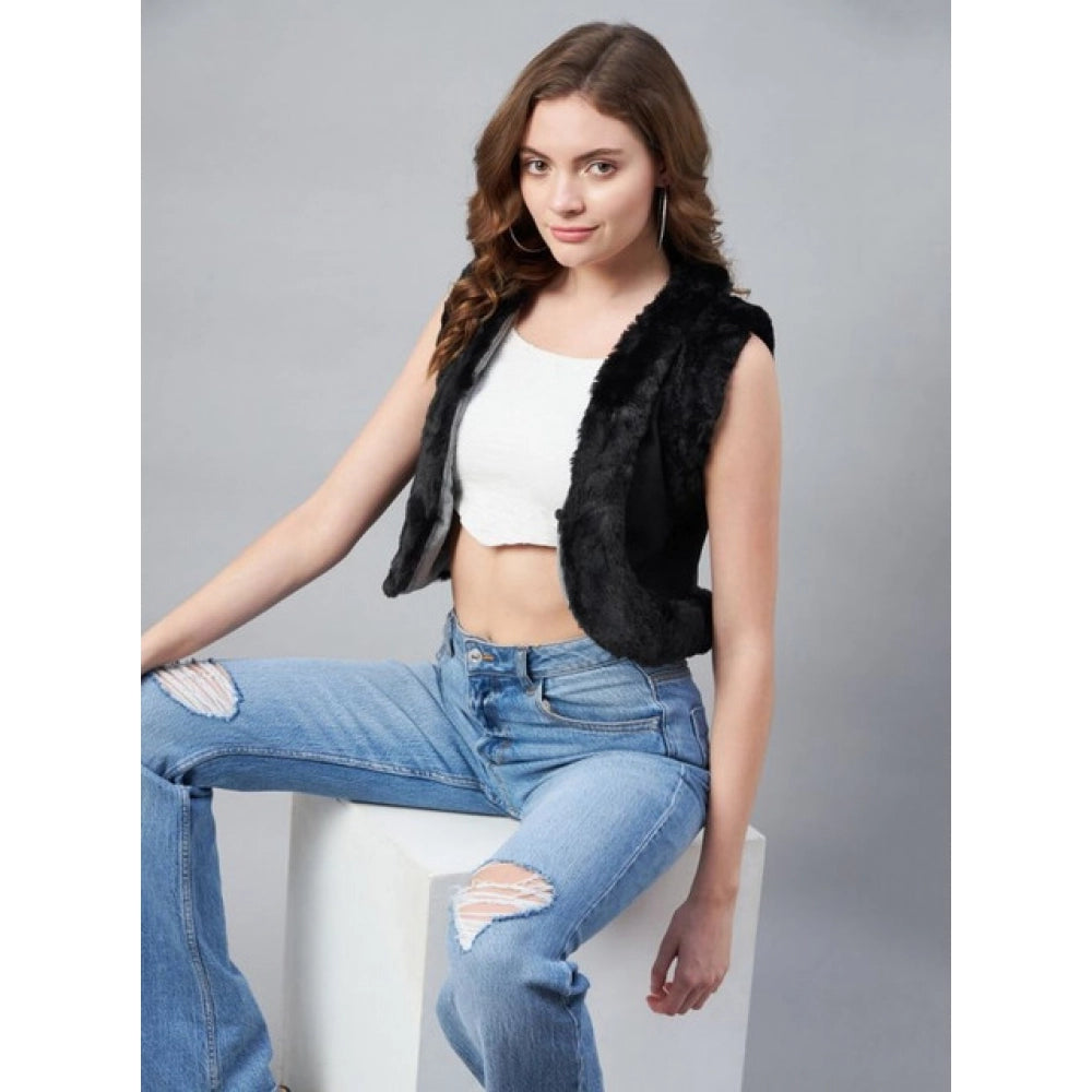 Elegant Women's Denim And Fur Solid Sleeveless Shrug
