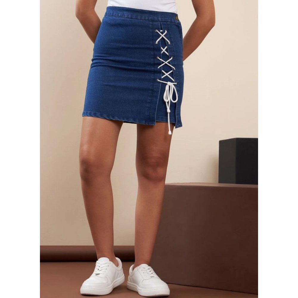 Magnificent Women's Denim Lycra Solid Button Skirt