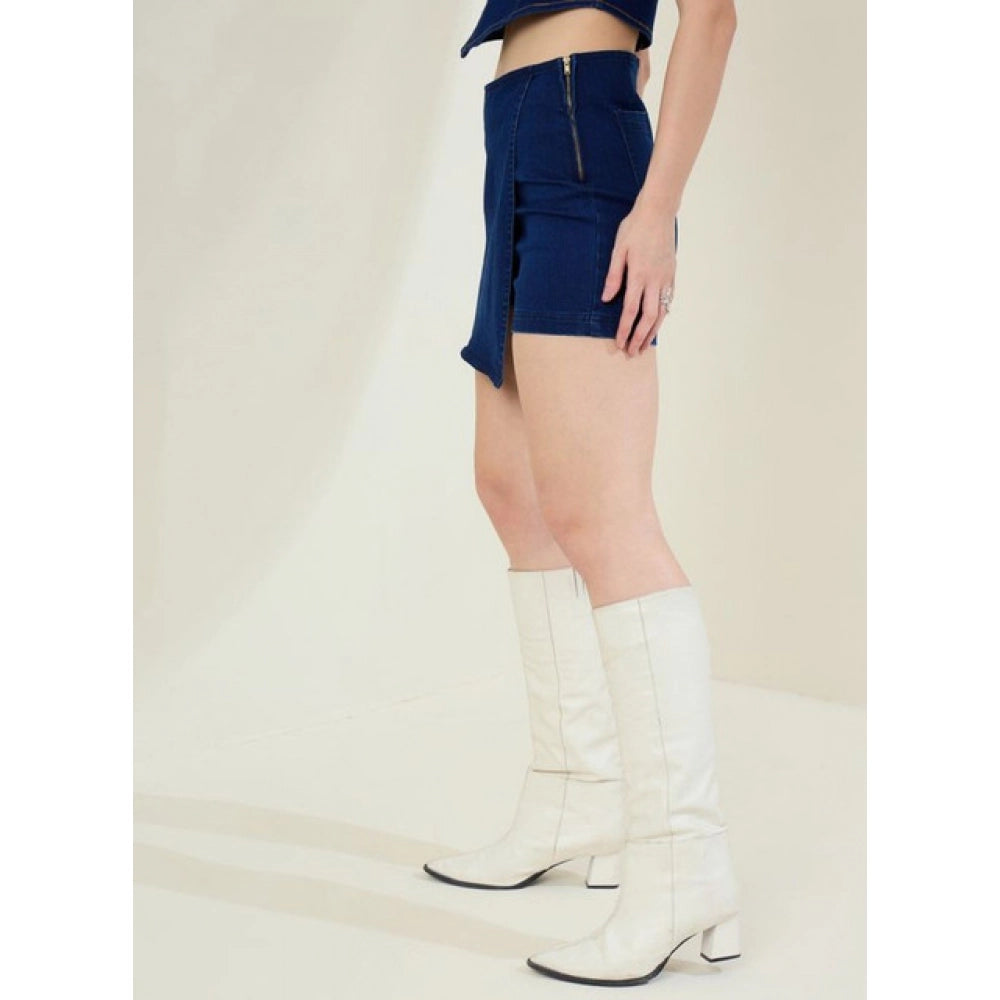 Ravishing Women's Denim Lycra Solid Zip Closure Skorts