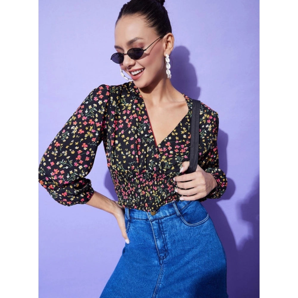 Fashionable Women's Polyester Floral Long Sleeves Top