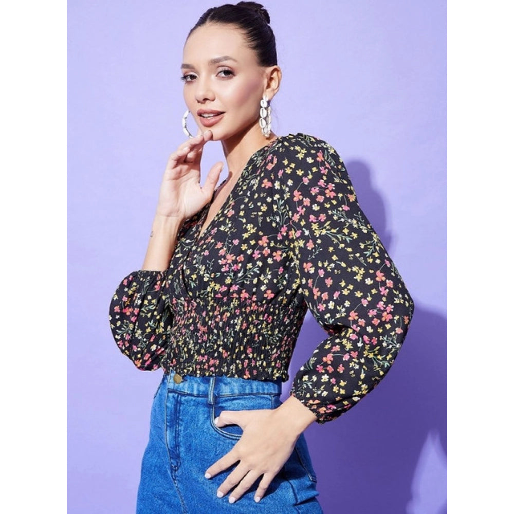 Fashionable Women's Polyester Floral Long Sleeves Top