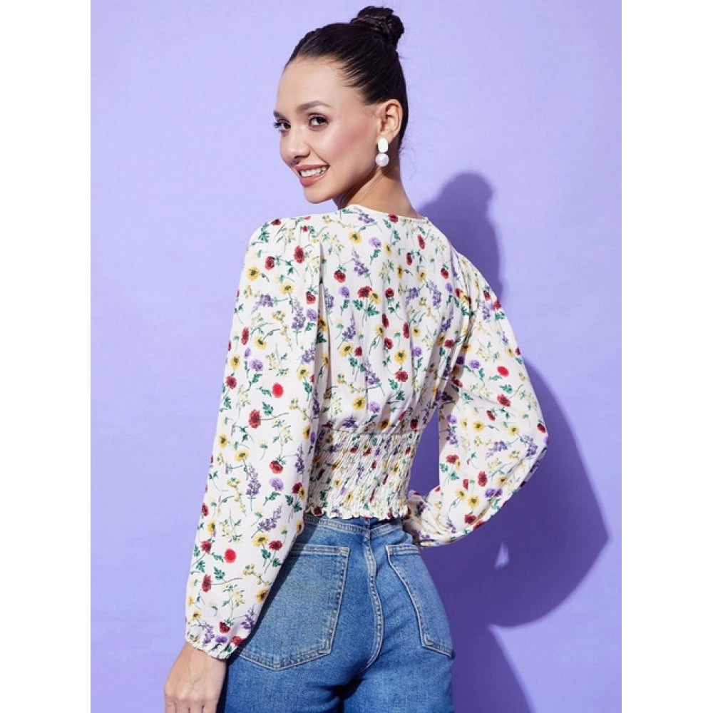 Fashionable Women's Polyester Floral Long Sleeves Top