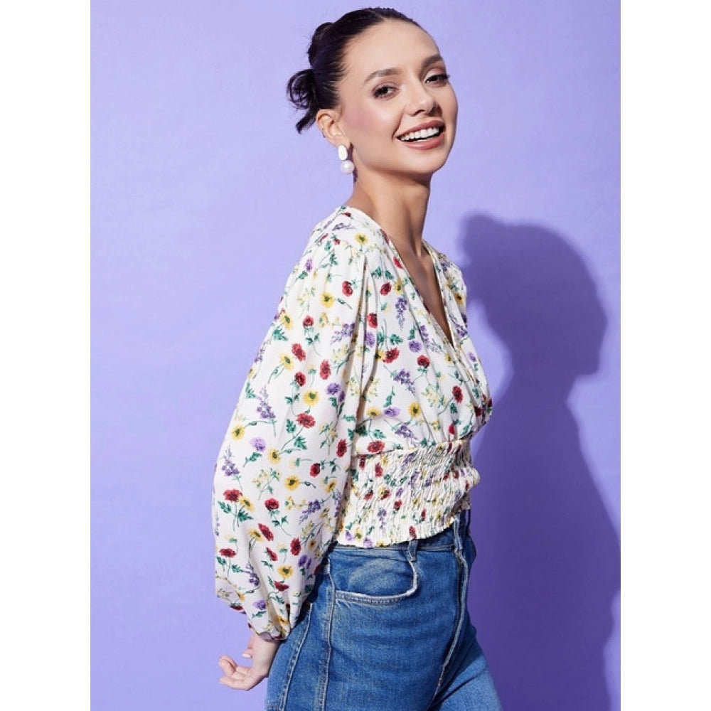 Fashionable Women's Polyester Floral Long Sleeves Top