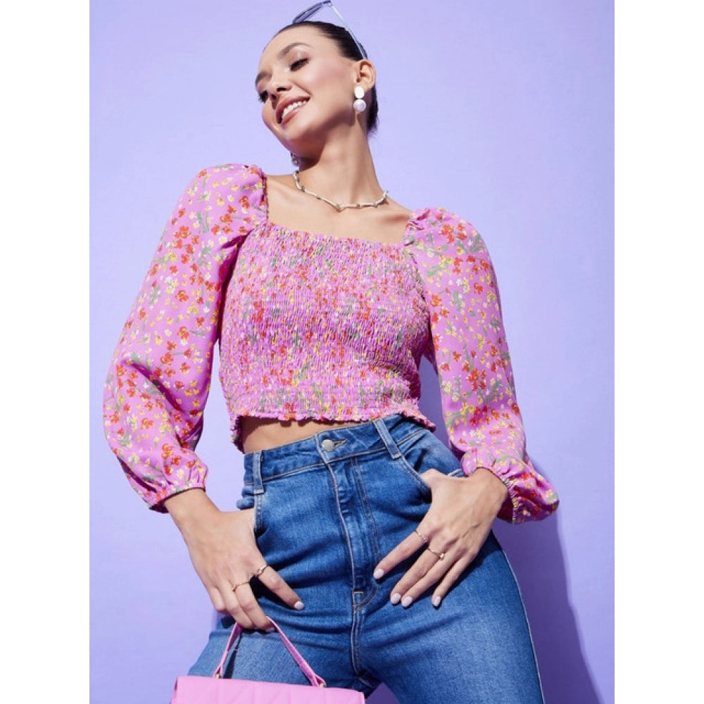 Fashionable Women's Polyester Floral Long Sleeves Top