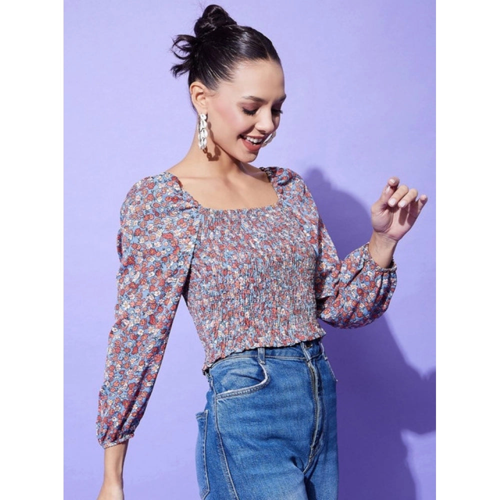 Fashionable Women's Polyester Floral Long Sleeves Top