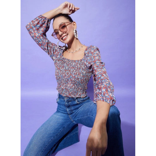 Fashionable Women's Polyester Floral Long Sleeves Top