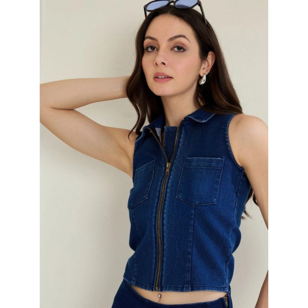 Lovely Women's Denim Lycra Solid Sleeveless Top