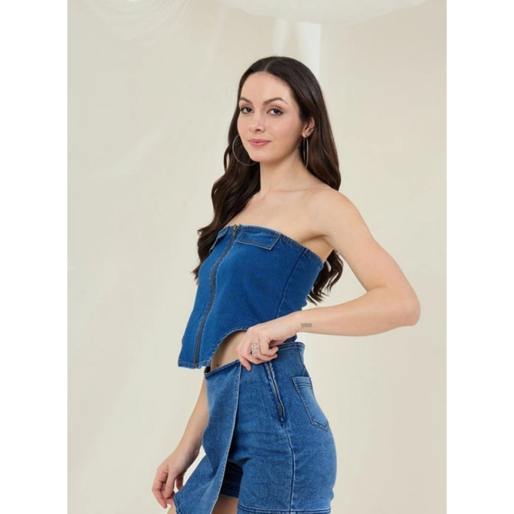 Lovely Women's Denim Lycra Solid Sleeveless Top