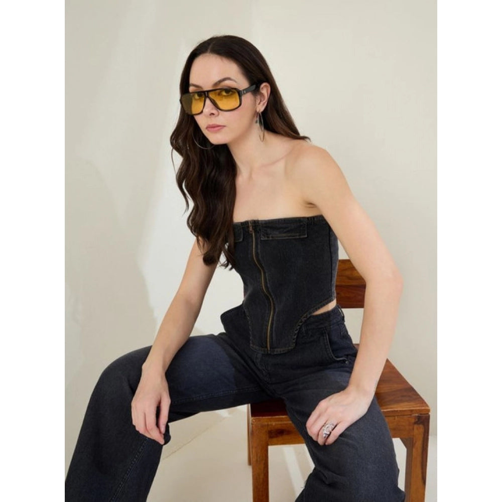 Lovely Women's Denim Lycra Solid Sleeveless Top