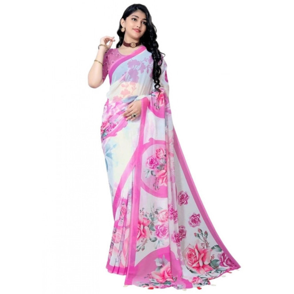 Awesome Women's Georgette Floral Printed Saree With Blouse Piece