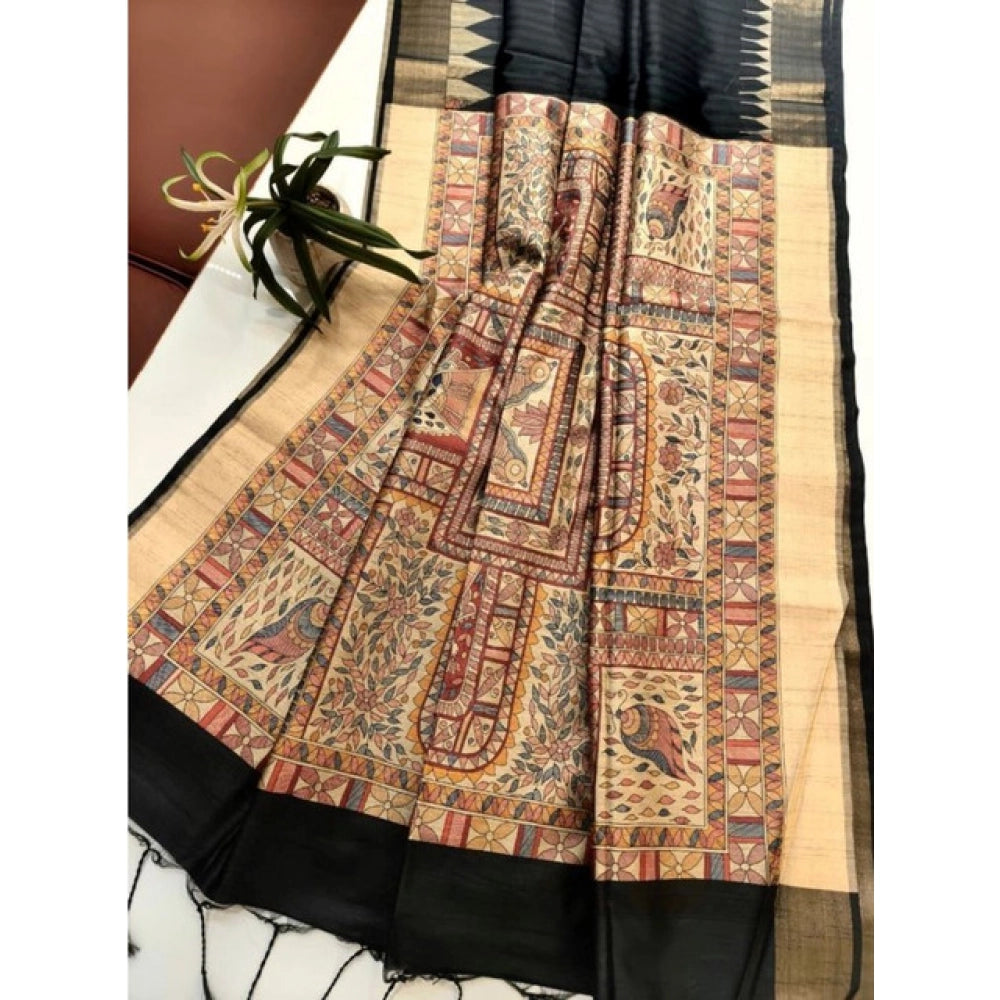 Superb Women's Tussar Silk Madhubani Saree With Blouse Piece