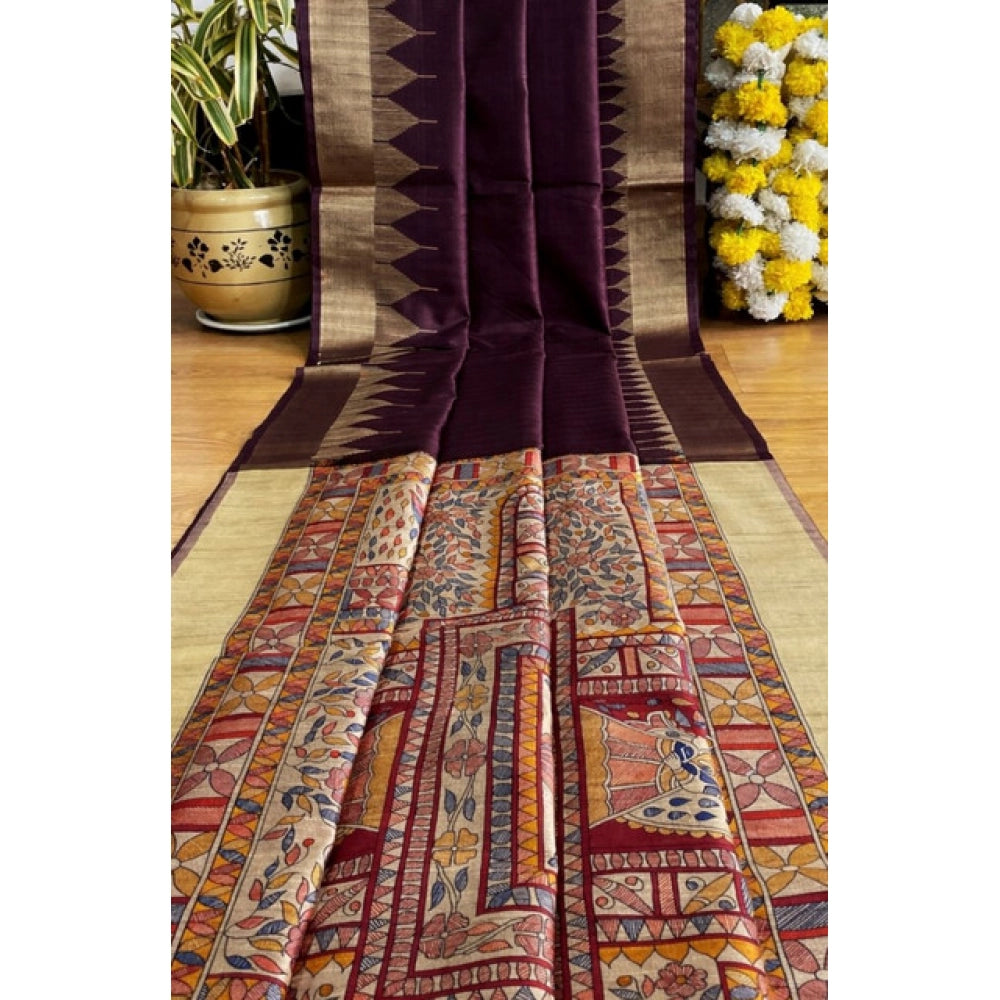 Superb Women's Tussar Silk Madhubani Saree With Blouse Piece