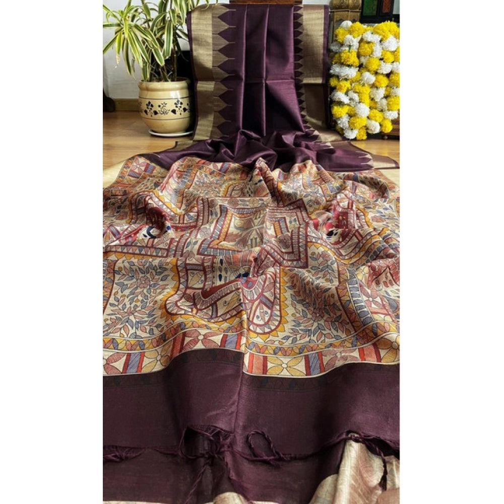 Superb Women's Tussar Silk Madhubani Saree With Blouse Piece