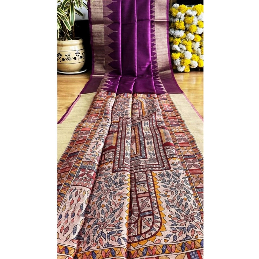 Superb Women's Tussar Silk Madhubani Saree With Blouse Piece