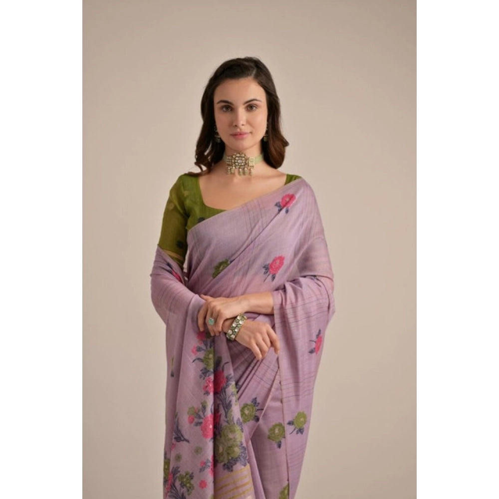 Tremendous Women's Blended Cotton Floral Motifs And Woven Buttas Saree With Blouse Piece