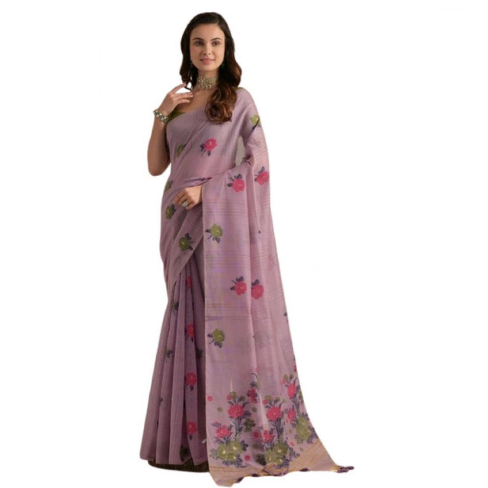 Tremendous Women's Blended Cotton Floral Motifs And Woven Buttas Saree With Blouse Piece